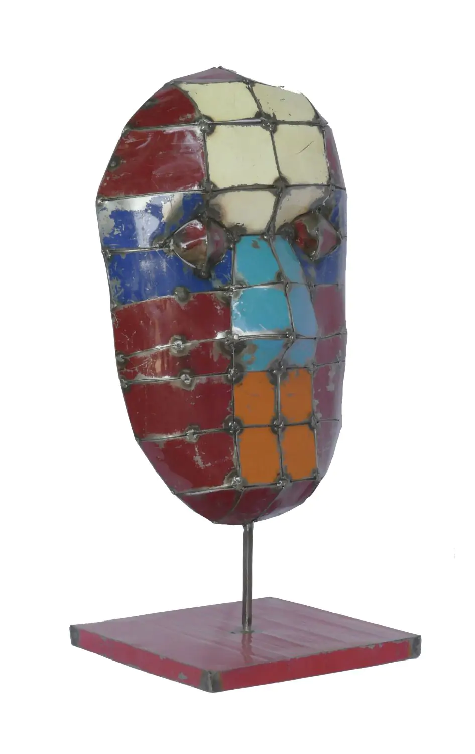  Product image 3 of the product “Small Mask on stand - Modell 4, 52cm height, sculpture from upcyceled oil barrel. ”